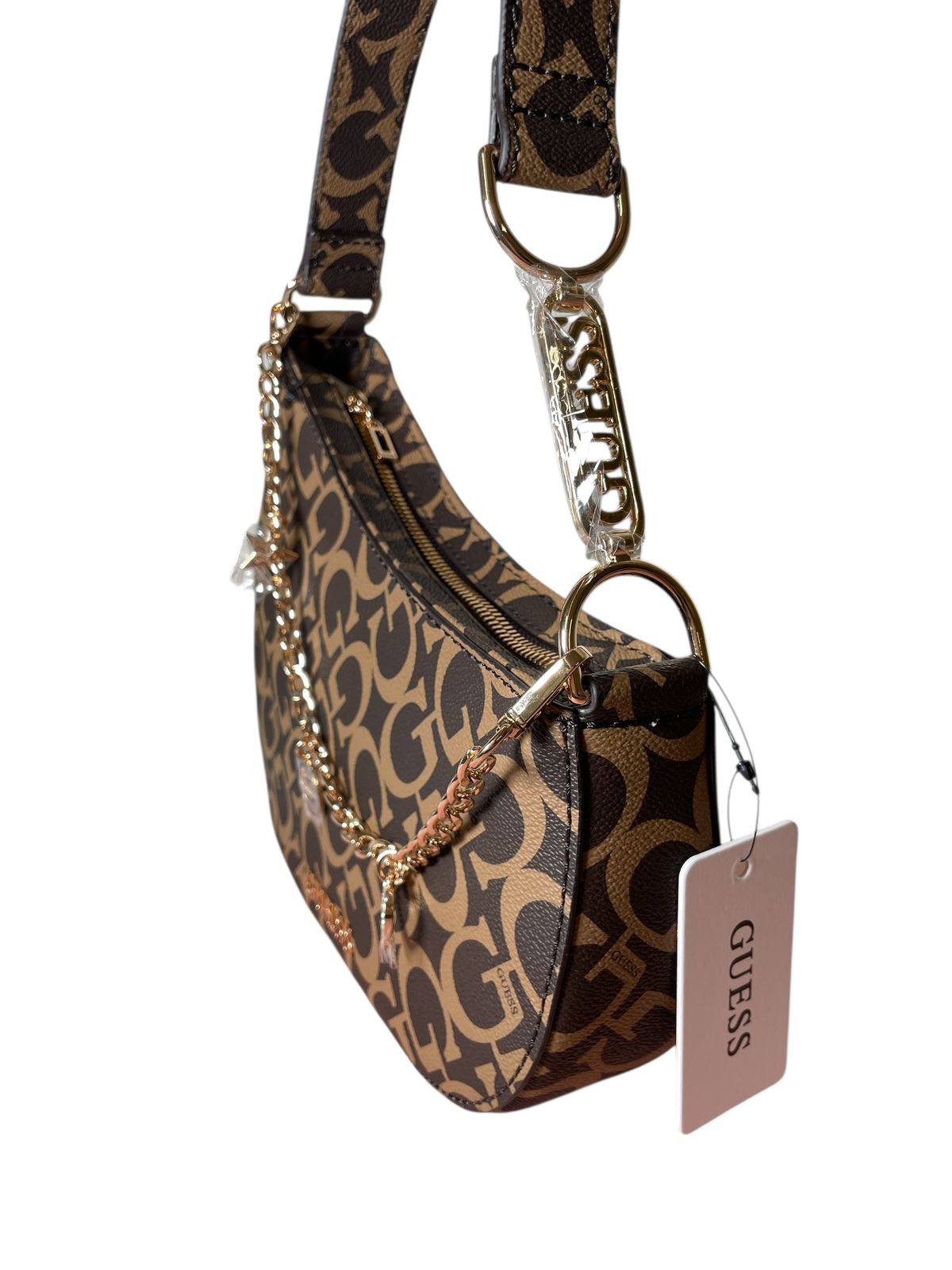 Bolso Guess Monogram Café con Cadena y Charms
